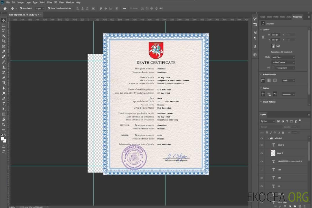 Modèle PSD de certificat de décès de Lituanie template